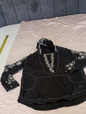 We The Free Black Hooded Top with White Embroidered Trim